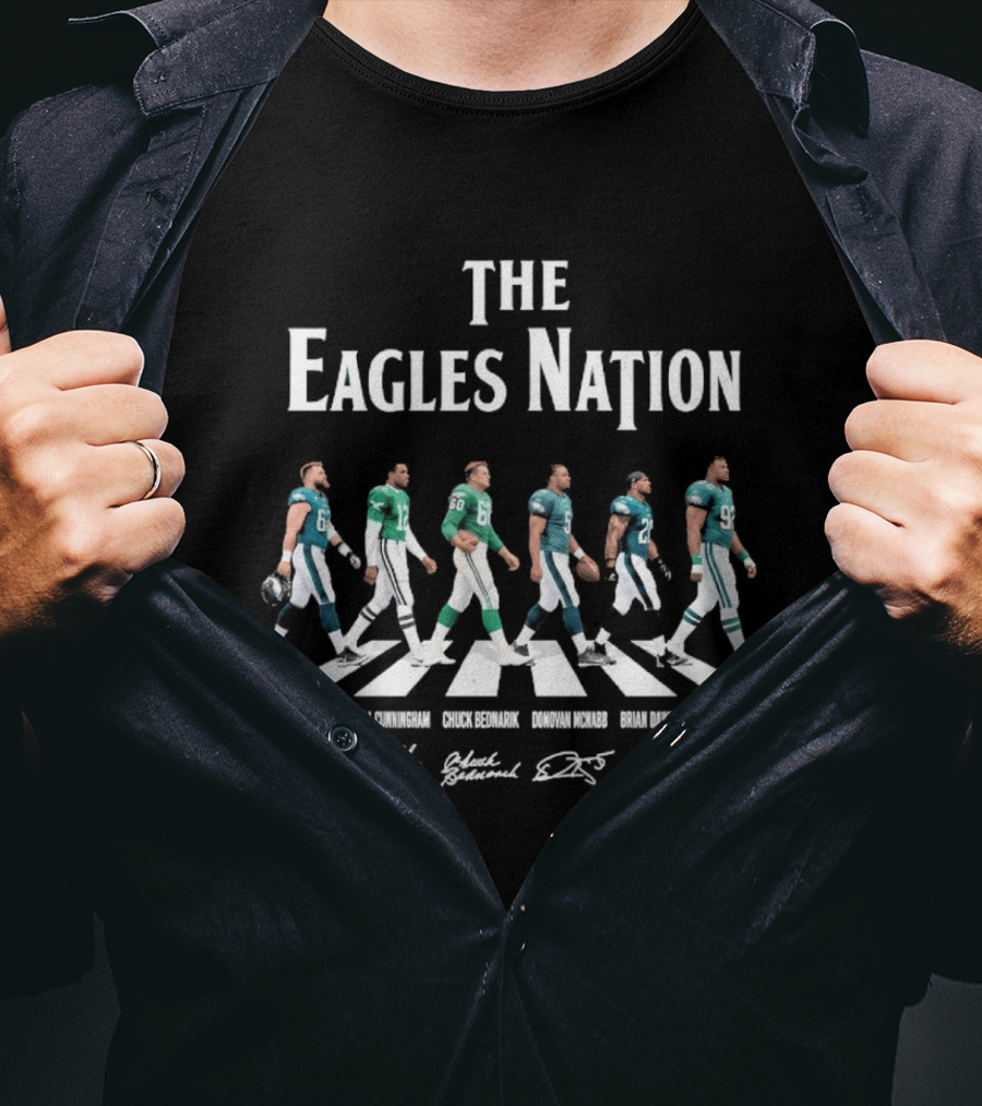 The Eagles Nation Jason Kelce Fletcher Cox Lane Johnson DeVonta Smith Darius Slay Road Crossing T-Shirt