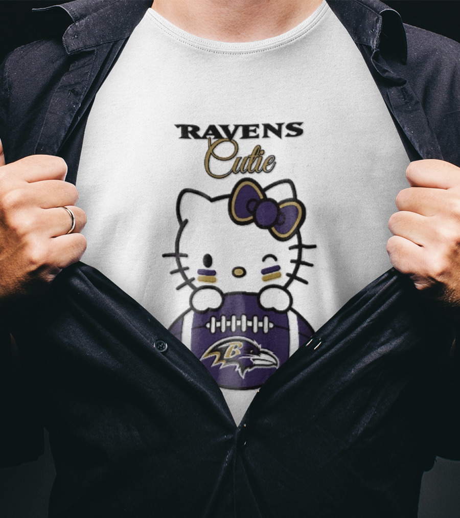 Ravens Cutie Hello Kitty Winking Holding Football T-Shirt