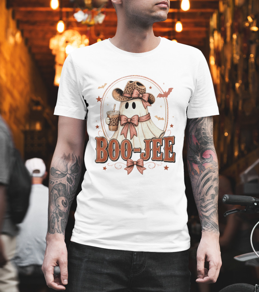 Boo Jee Leopard Cowboy Ghost Iced Coffee Halloween T-Shirt