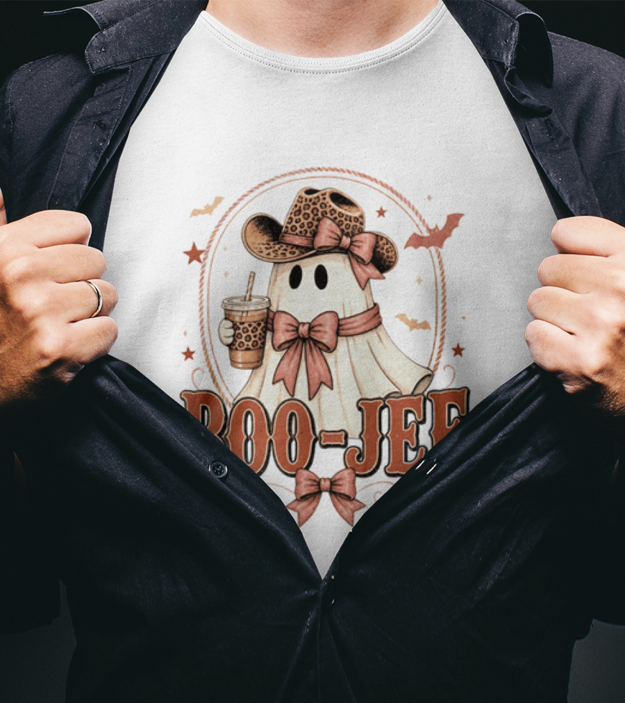 Boo Jee Leopard Cowboy Ghost Iced Coffee Halloween T-Shirt