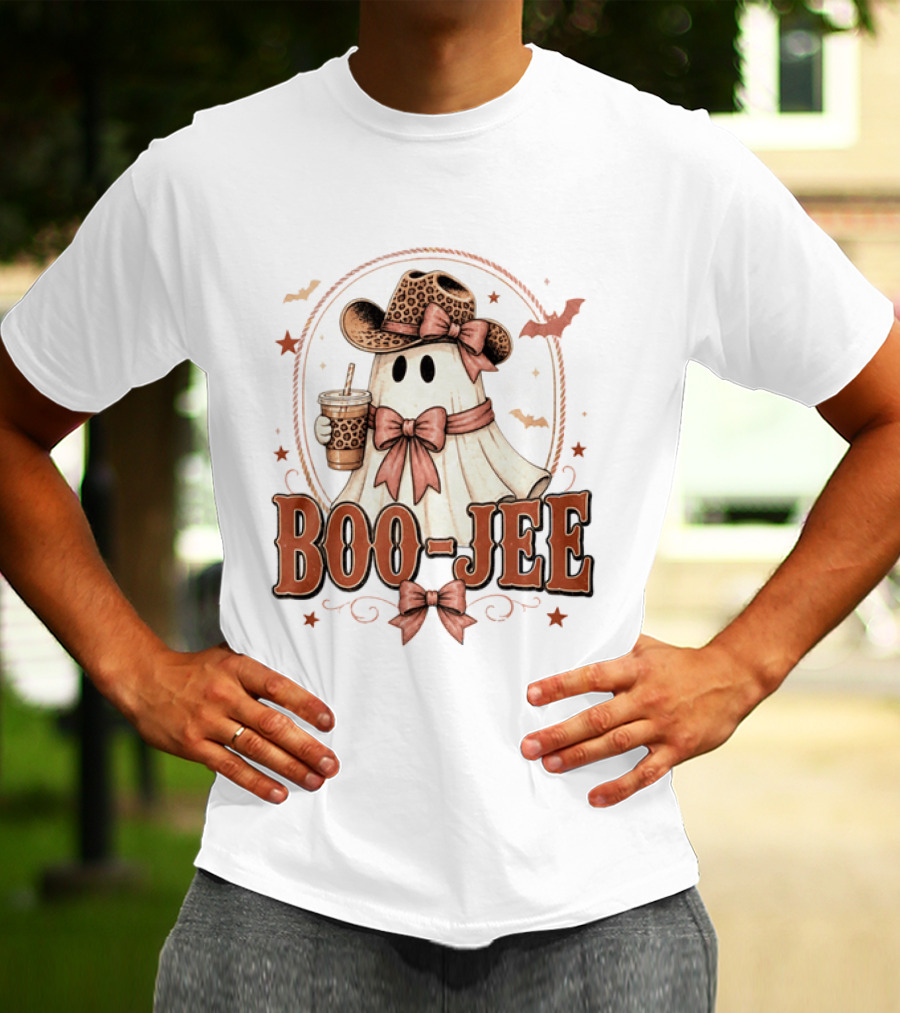 Boo Jee Leopard Cowboy Ghost Iced Coffee Halloween T-Shirt
