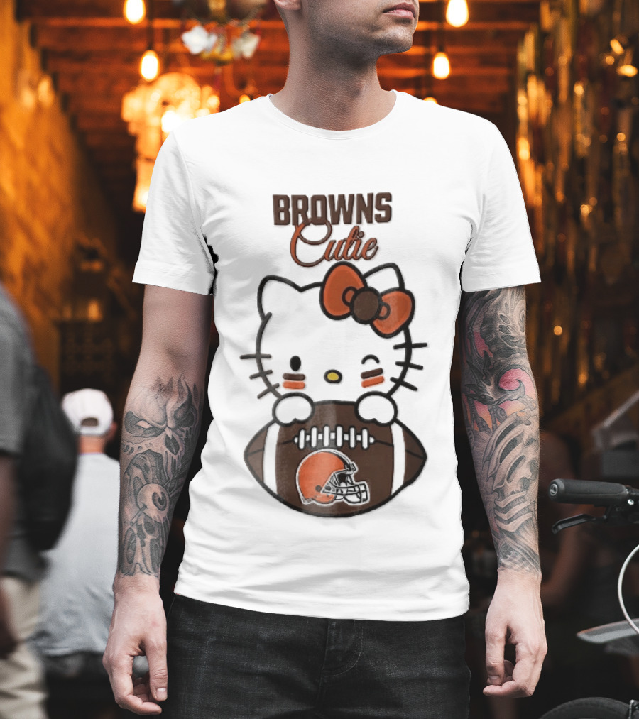 Browns Cutie Winking Cartoon Cat Bow Football T-Shirt