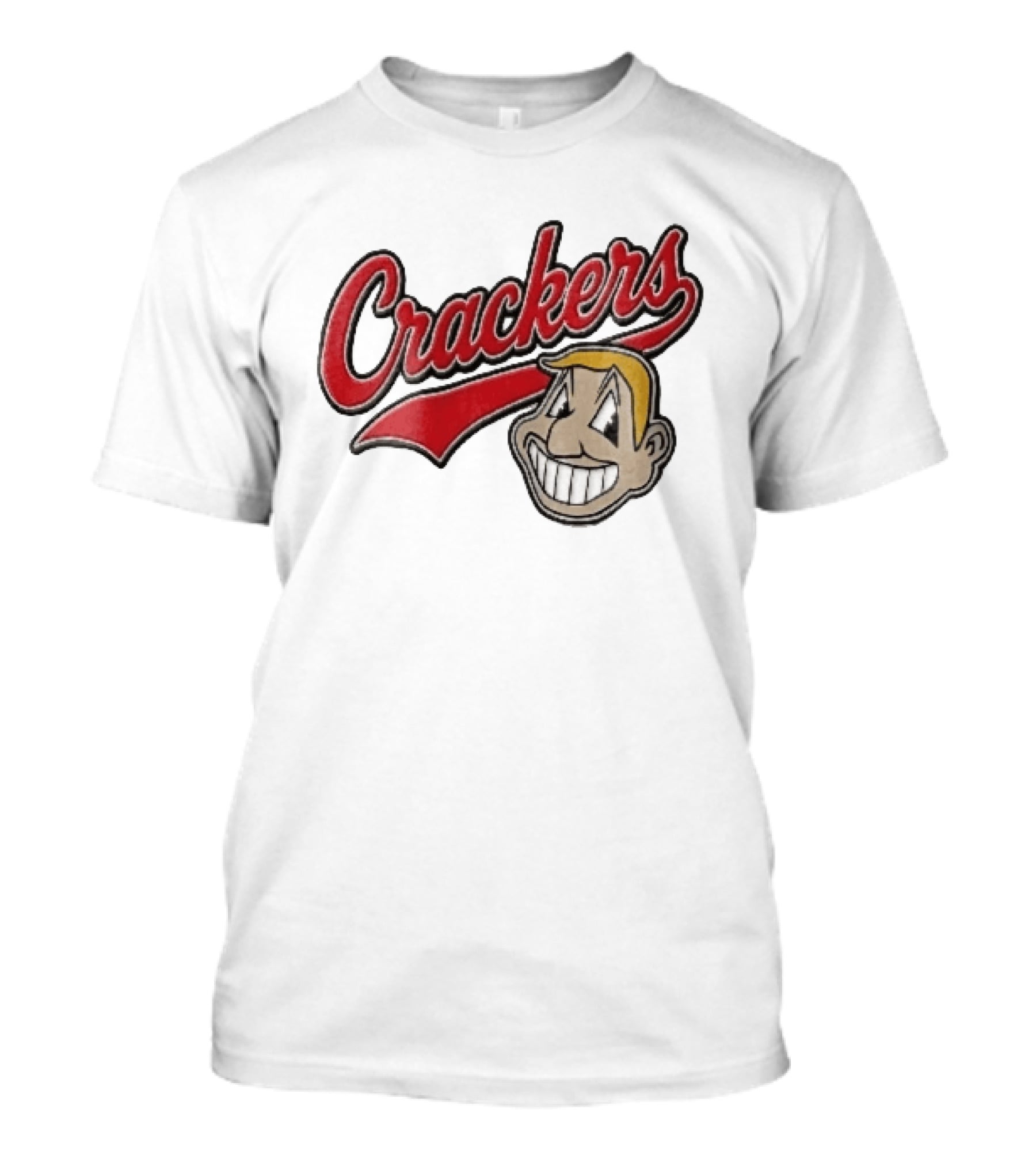 Crackers Cartoon Caricature Blonde Man Big Teeth Smile Red Script T-Shirt