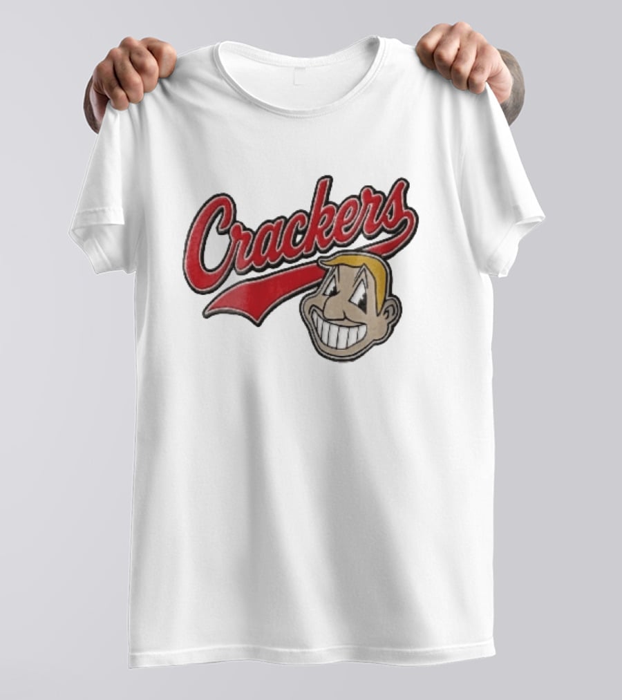 Crackers Cartoon Caricature Blonde Man Big Teeth Smile Red Script T-Shirt