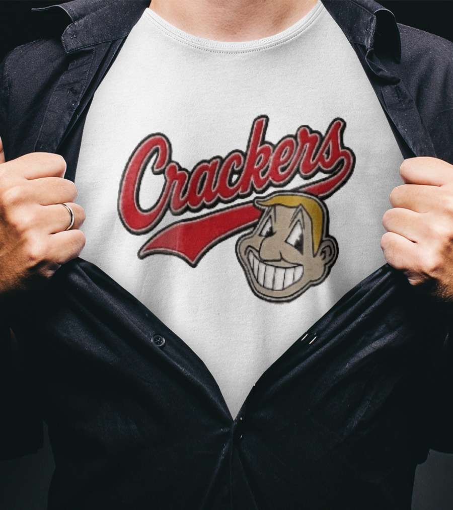 Crackers Cartoon Caricature Blonde Man Big Teeth Smile Red Script T-Shirt