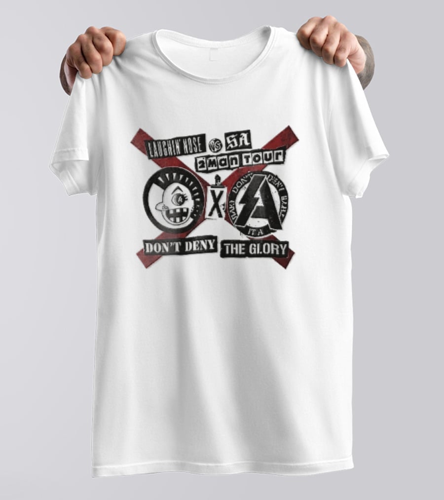 Laughin Nose SA Vs 2 Man Tour Don't Deny The Glory Punk Cartoon Face Red X Distressed Collage T-Shirt