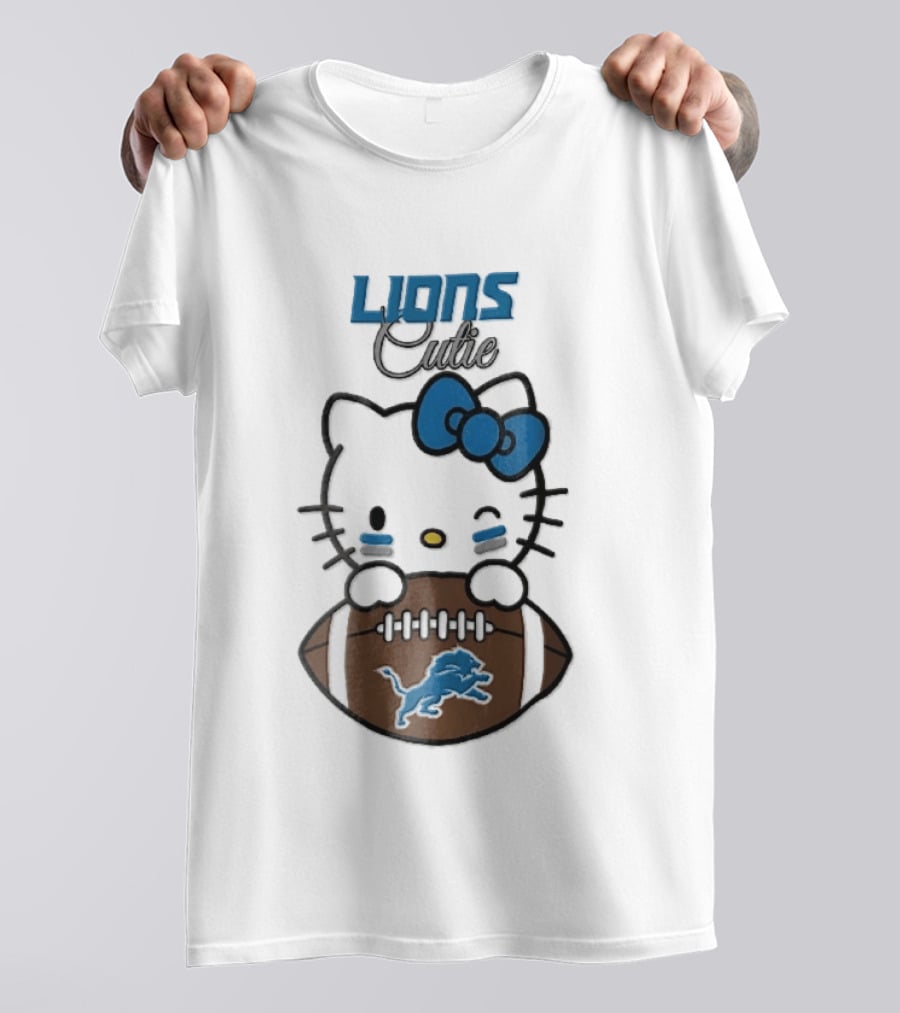 Detroit Lions Cute Cartoon Cat With Blue Bow Face Paint Football T-Shirt