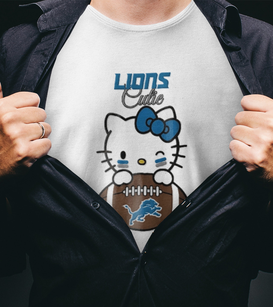 Detroit Lions Cute Cartoon Cat With Blue Bow Face Paint Football T-Shirt