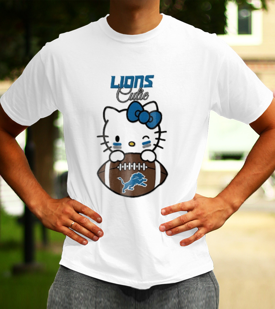 Detroit Lions Cute Cartoon Cat With Blue Bow Face Paint Football T-Shirt