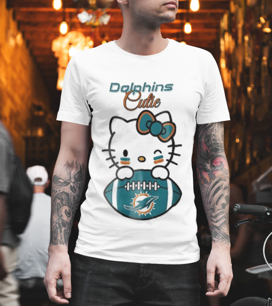 Miami Dolphins Cutie Winking Cat Bow Football T-Shirt