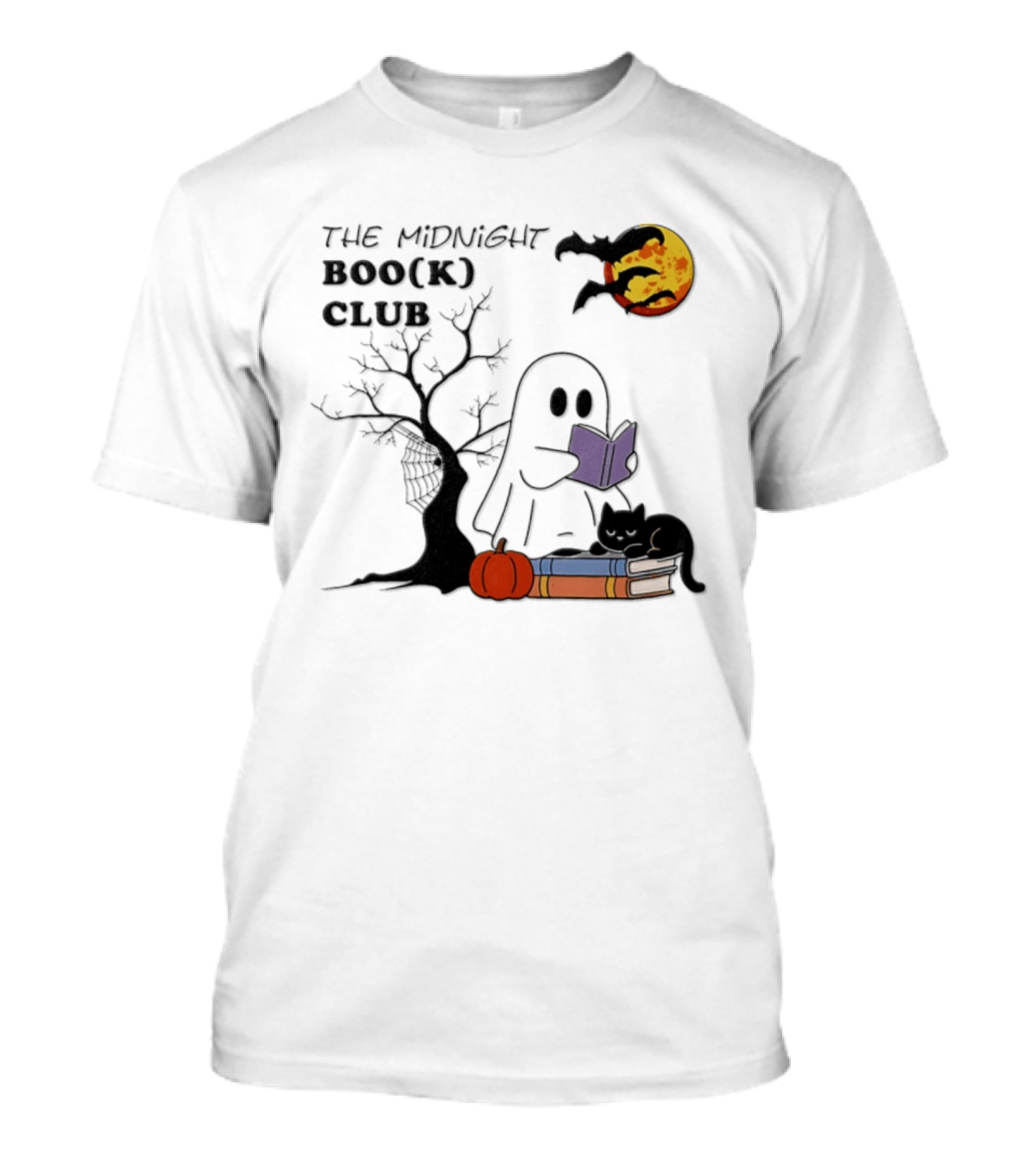 The Midnight Boo(k) Club Halloween Ghost Cat Pumpkin Moon T-Shirt