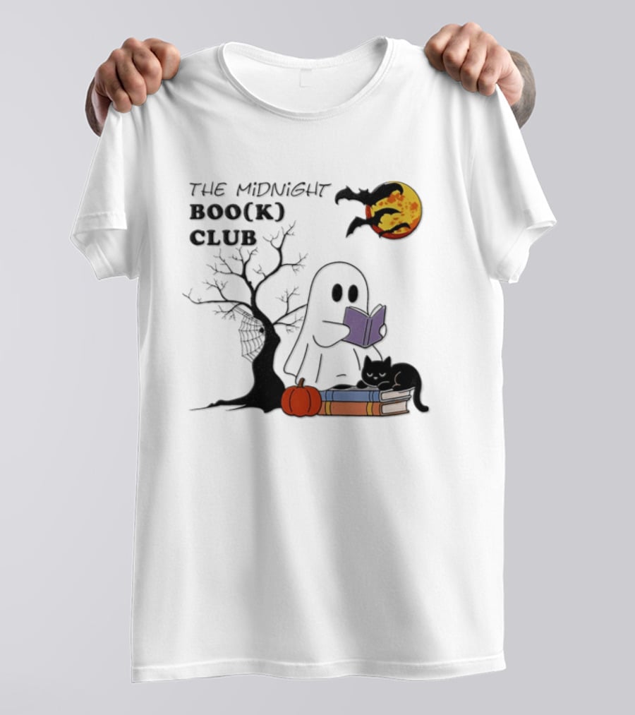 The Midnight Boo(k) Club Halloween Ghost Cat Pumpkin Moon T-Shirt