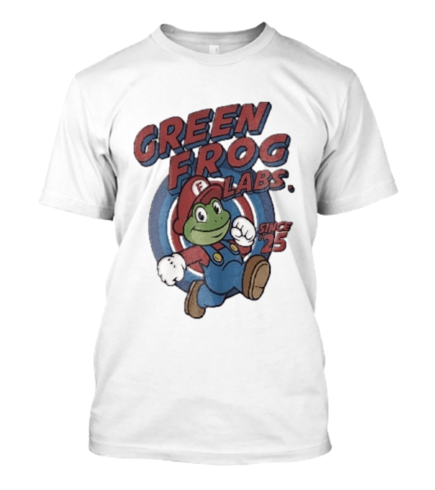 Green Frog Labs Since 25 Cartoon Running Red Cap Blue Overalls T-Shirt