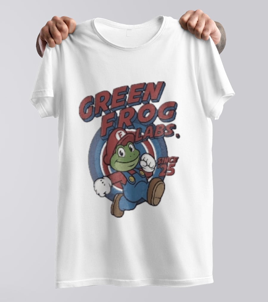 Green Frog Labs Since 25 Cartoon Running Red Cap Blue Overalls T-Shirt