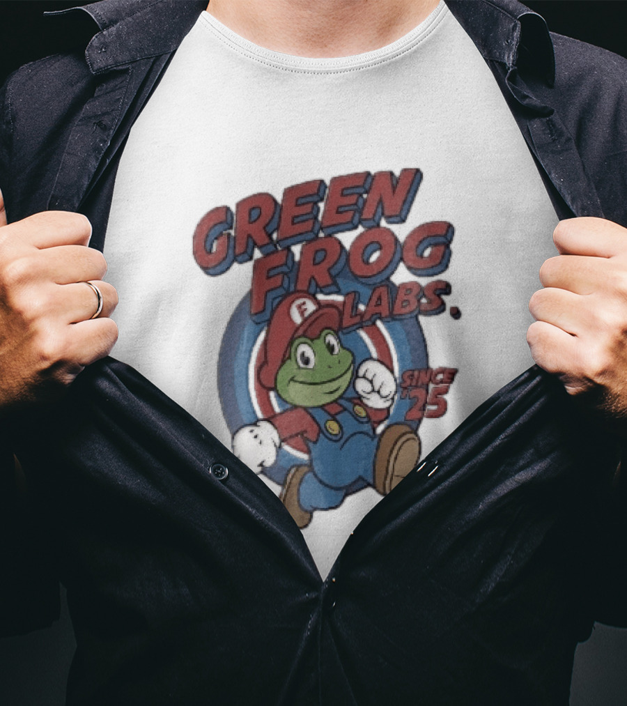 Green Frog Labs Since 25 Cartoon Running Red Cap Blue Overalls T-Shirt