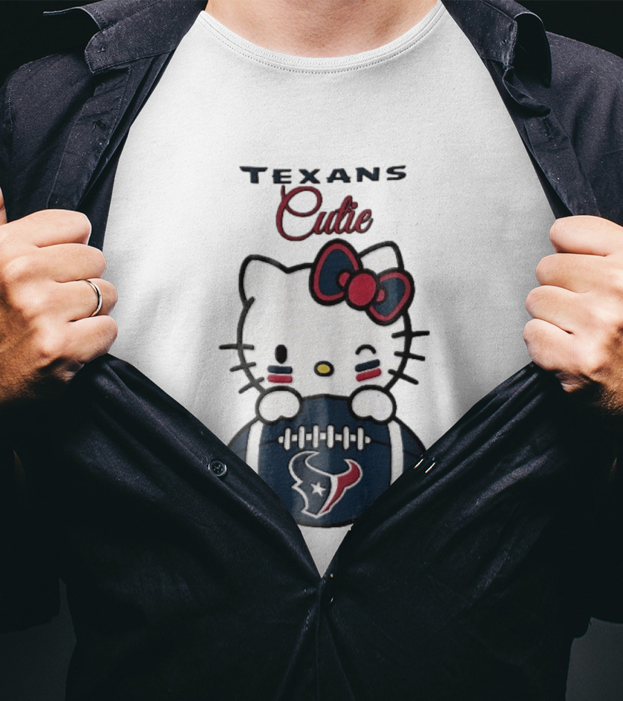 Texans Cutie Cartoon Cat Red Bow Winking Football T-Shirt