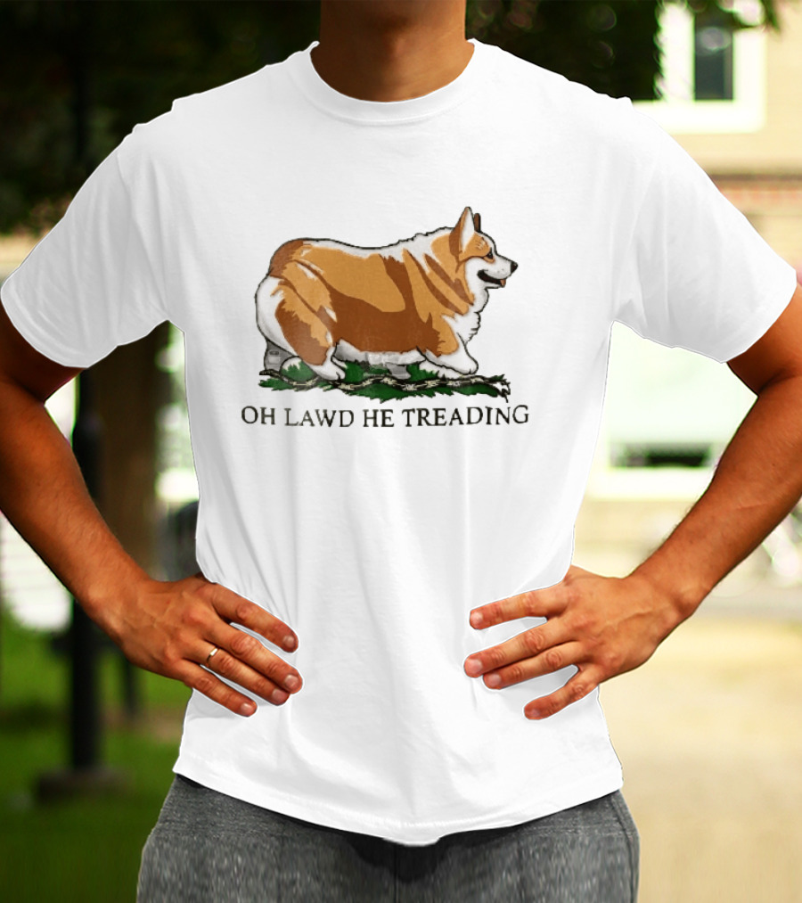 Oh Lawd He Treading Corgi On Snake Cartoon T-Shirt
