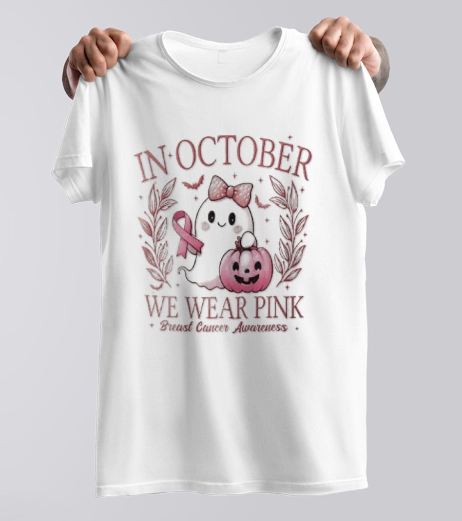 In October We Wear Pink Breast Cancer Awareness Ghost Bow Ribbon Pumpkin T-Shirt