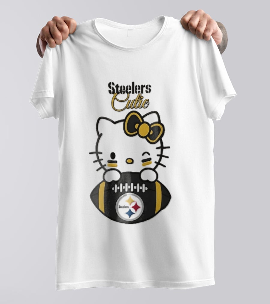 Steelers Cutie Winking Cartoon Cat Bow Football T-Shirt
