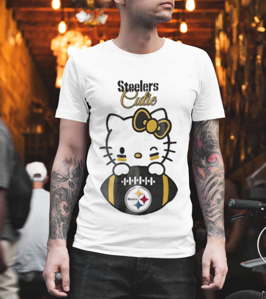 Steelers Cutie Winking Cartoon Cat Bow Football T-Shirt
