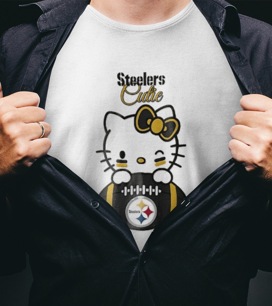 Steelers Cutie Winking Cartoon Cat Bow Football T-Shirt