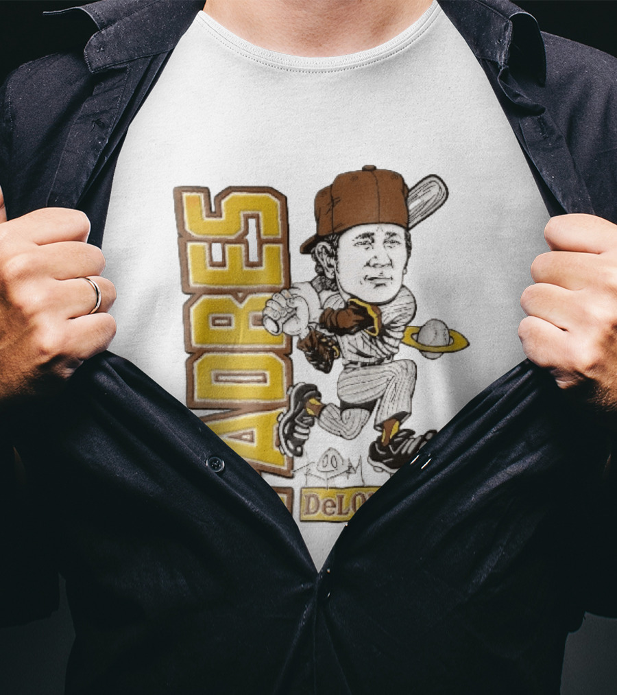 San Diego Padres DeLonge Cartoon Caricature Batter With Orbit Baseball T-Shirt