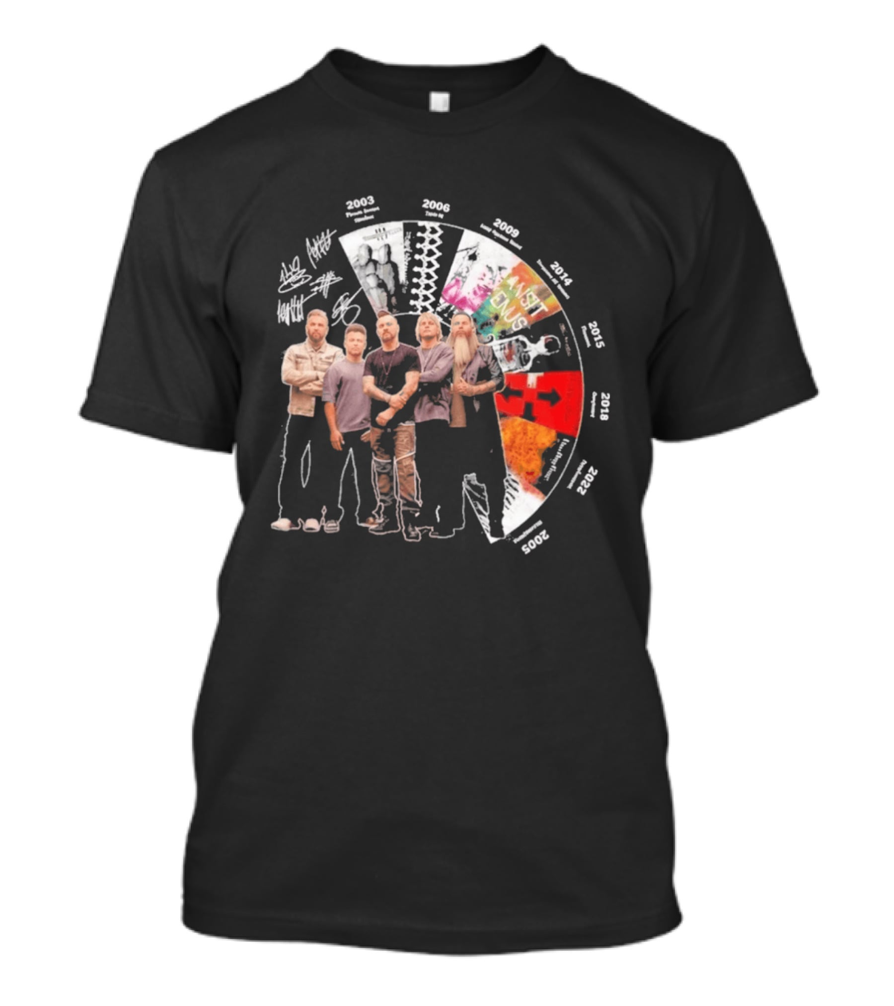 Three Days Grace Albums Timeline With Band Signatures And Discography Dates T-Shirt