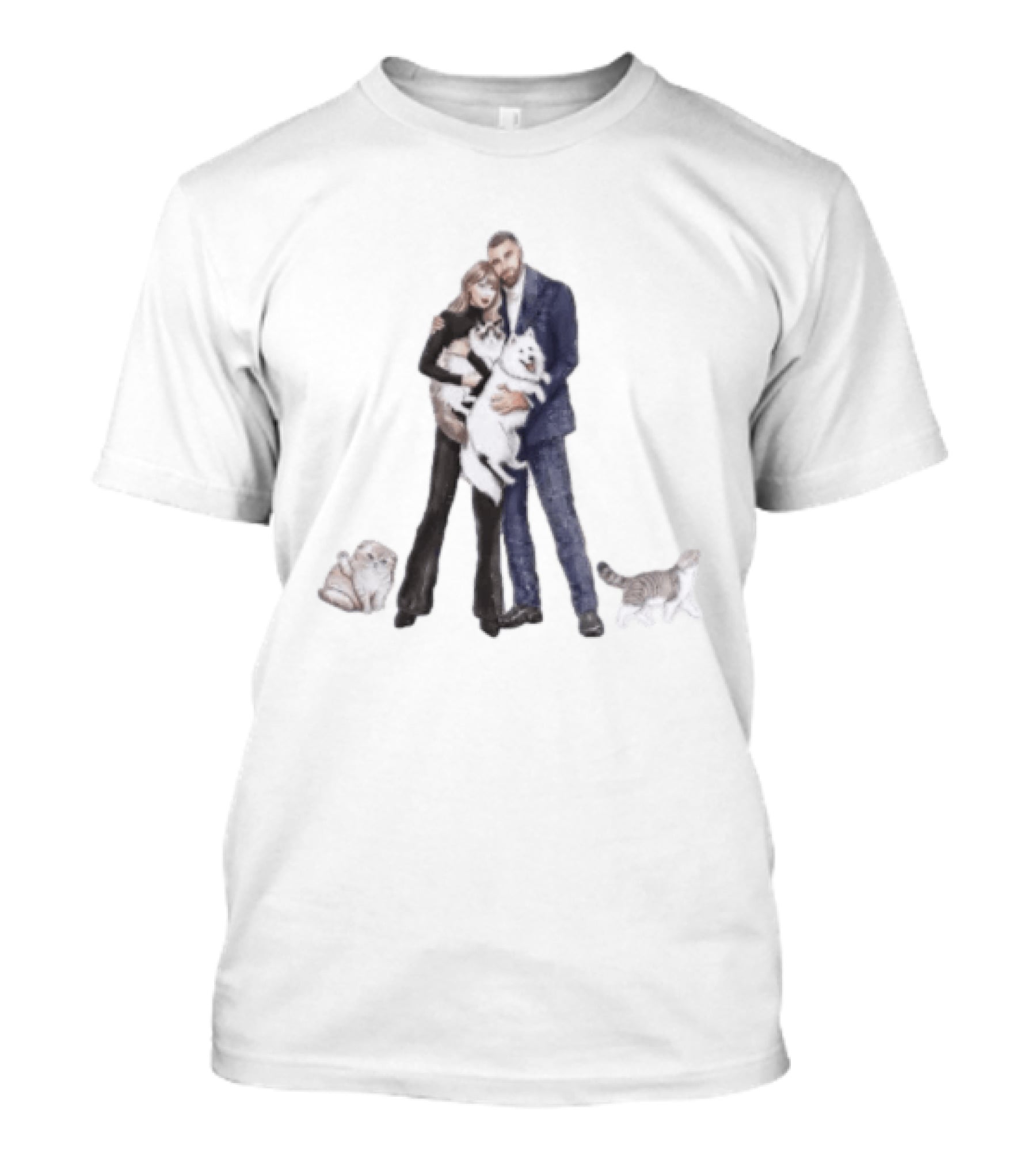 Taylor And Travis Cat Dog Illustration With Couple And Pets T-Shirt