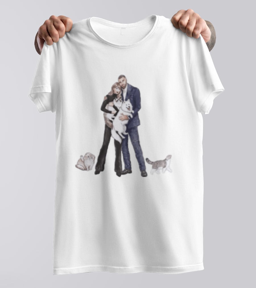 Taylor And Travis Cat Dog Illustration With Couple And Pets T-Shirt