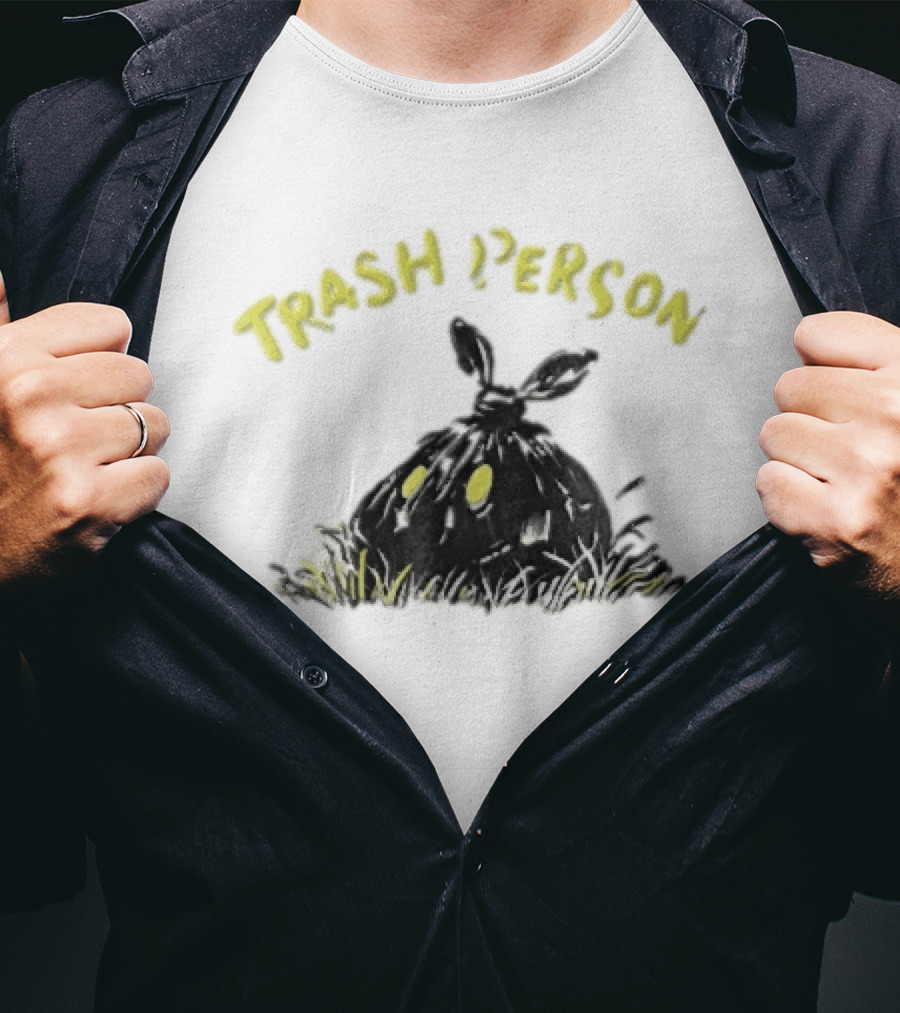 Trash Person Black Bag Creature Glowing Yellow Eyes Grass Monster T-Shirt