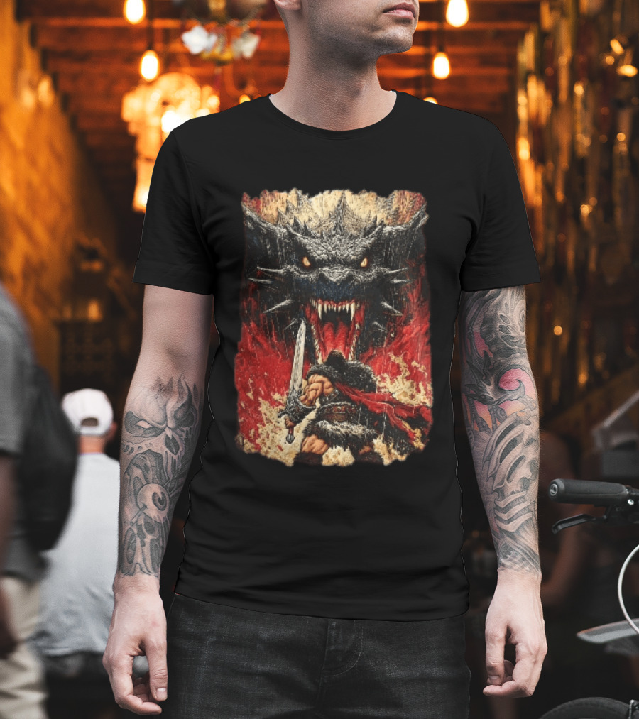 Barbarian Warrior Sword Battle Roaring Dragon Fiery Flames Art Ink Line T-Shirt