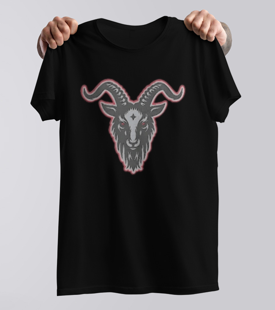 Black Goat Head Curved Horns Glowing Red Eyes Forehead Star Grey Beard Contour T-Shirt