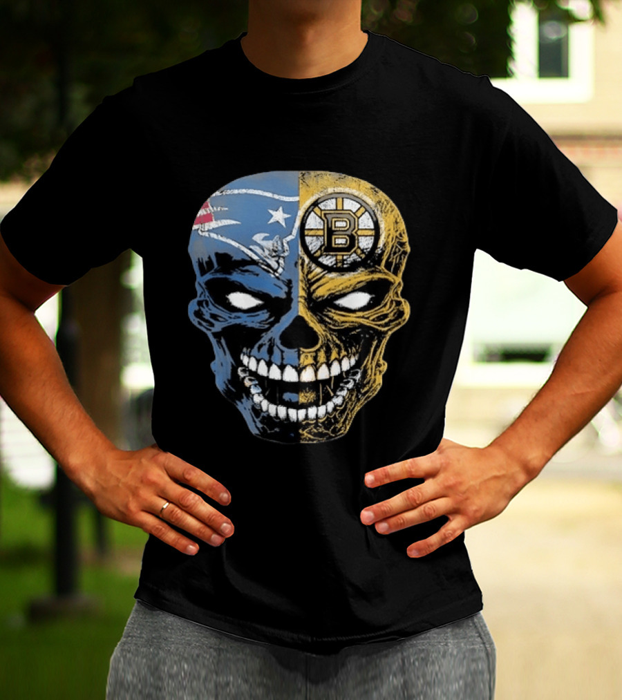Boston Sports Skull New England Patriots Boston Bruins Fan Fusion T-Shirt