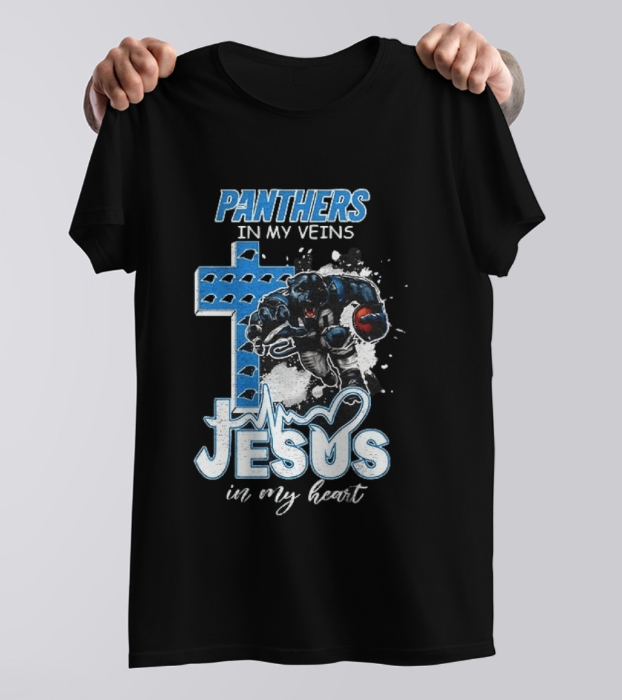 Panthers In My Veins Jesus In My Heart Carolina Football Athlete Cross T-Shirt