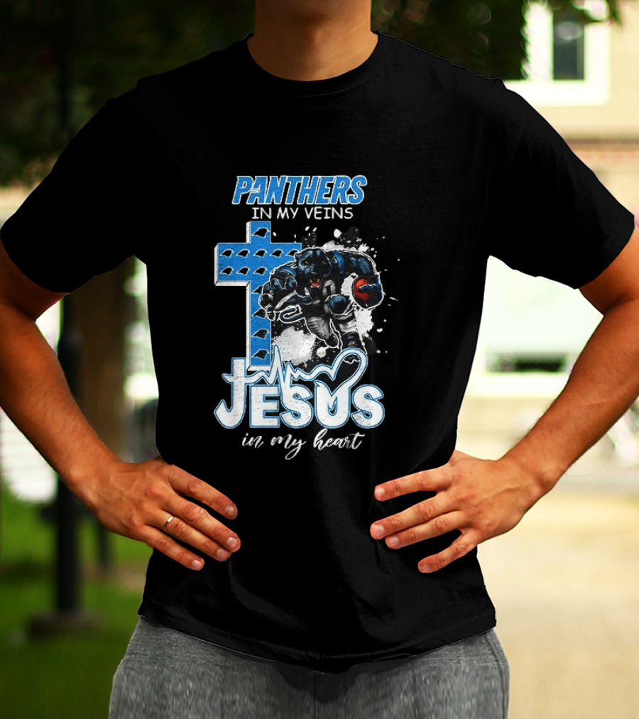 Panthers In My Veins Jesus In My Heart Carolina Football Athlete Cross T-Shirt