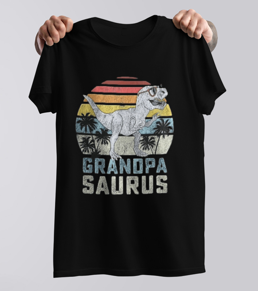 Grandpa Saurus Dinosaur Sunglasses Sunset Palms T-Shirt