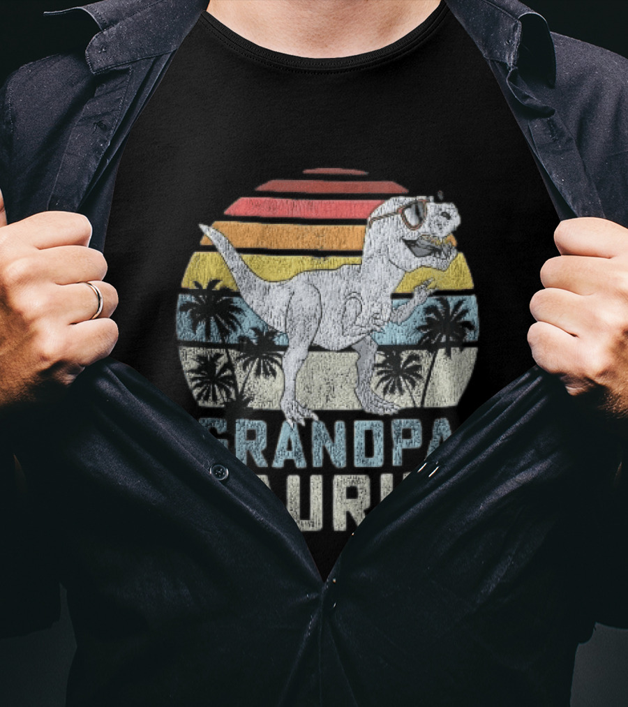 Grandpa Saurus Dinosaur Sunglasses Sunset Palms T-Shirt