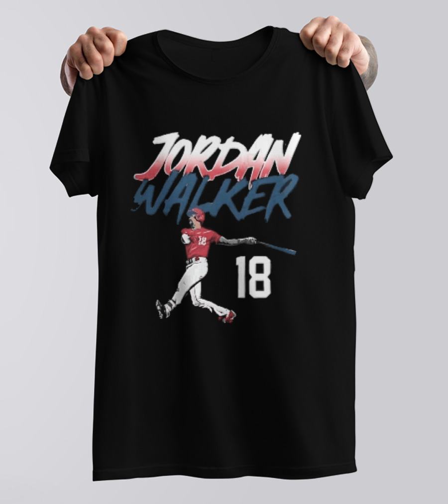 Jordan Walker 18 Baseball Red Uniform Swinging Bat Brush Lettering T-Shirt