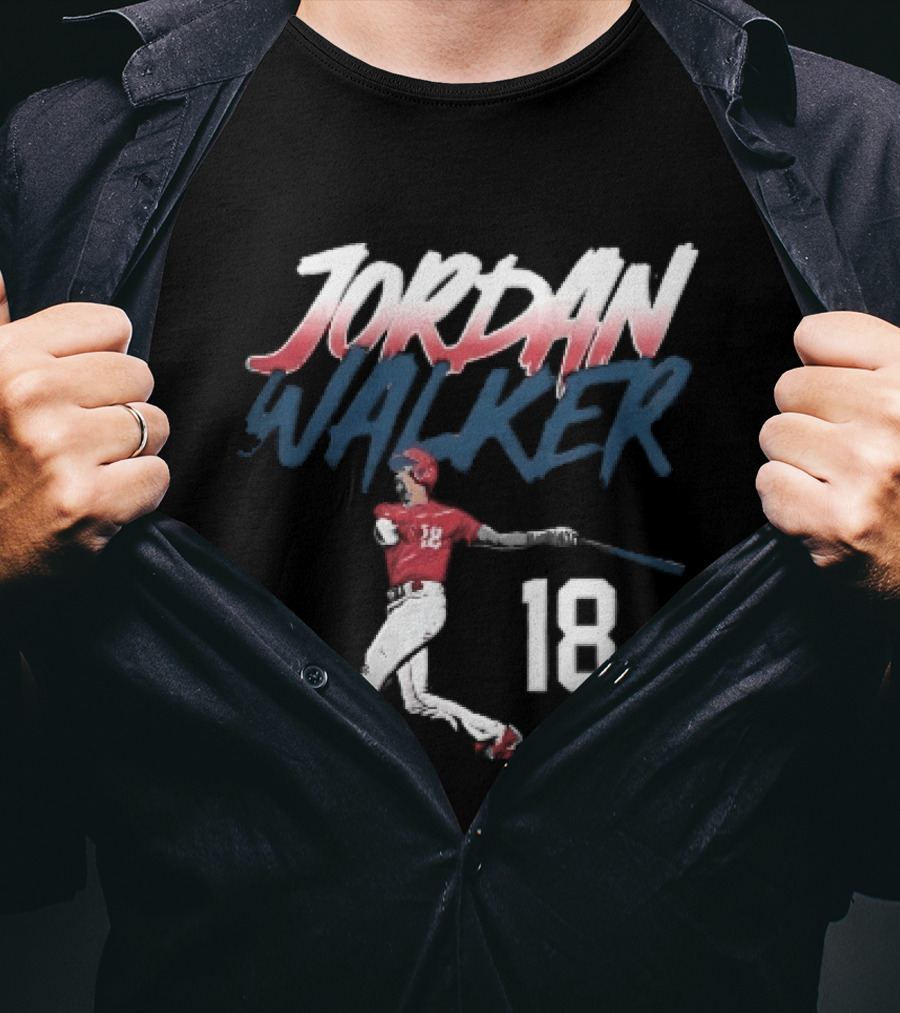 Jordan Walker 18 Baseball Red Uniform Swinging Bat Brush Lettering T-Shirt