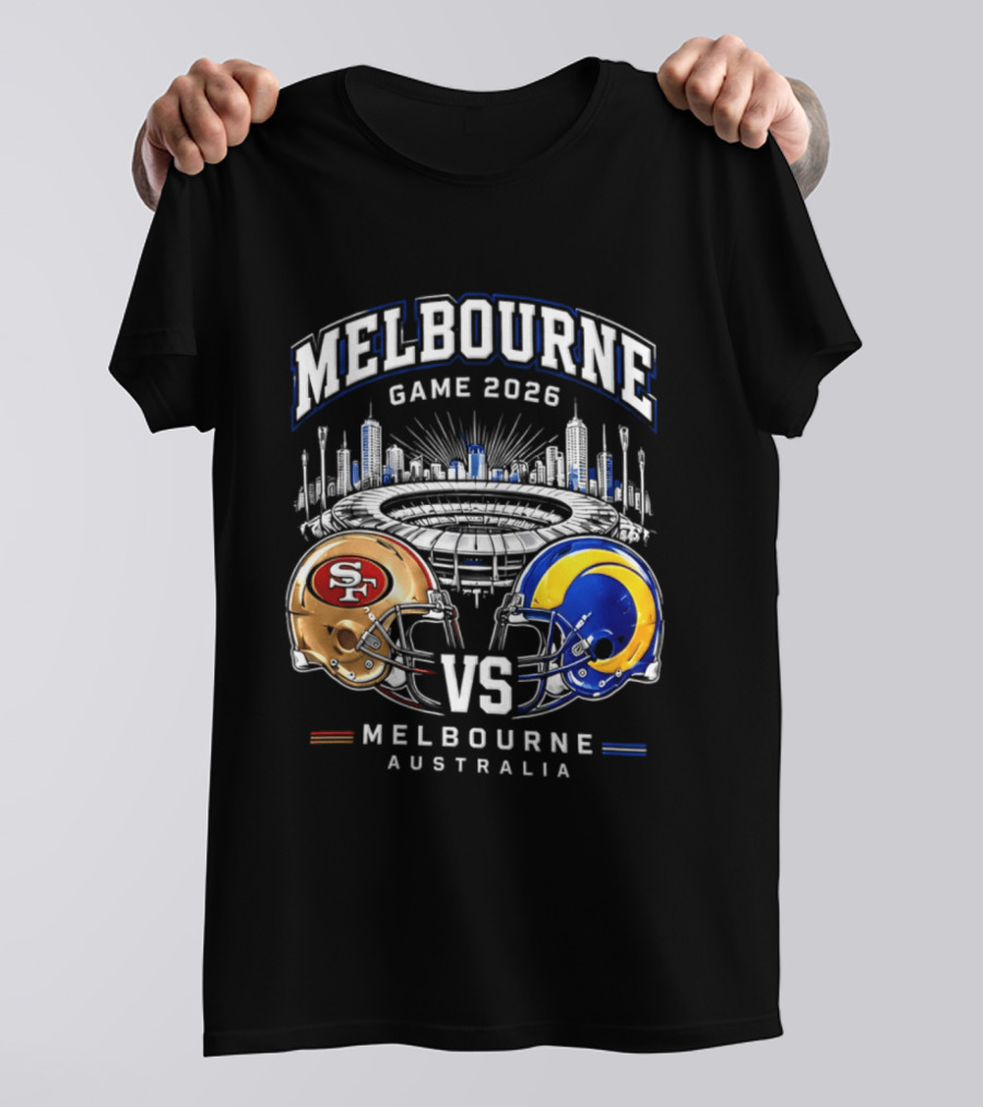 Melbourne Game 2026 San Francisco 49ers Vs Los Angeles Rams Australia Helmets T-Shirt