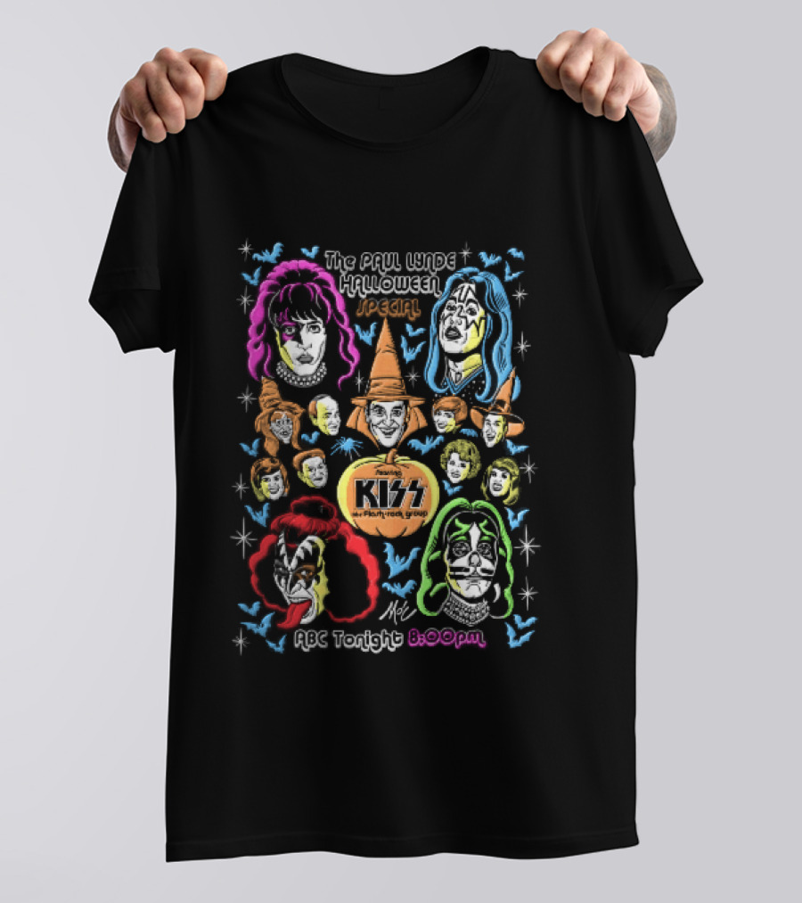 Kiss The Paul Lynde Halloween Special Flash Rock Group ABC Tonight 800pm Cartoon Caricatures Bats T-Shirt