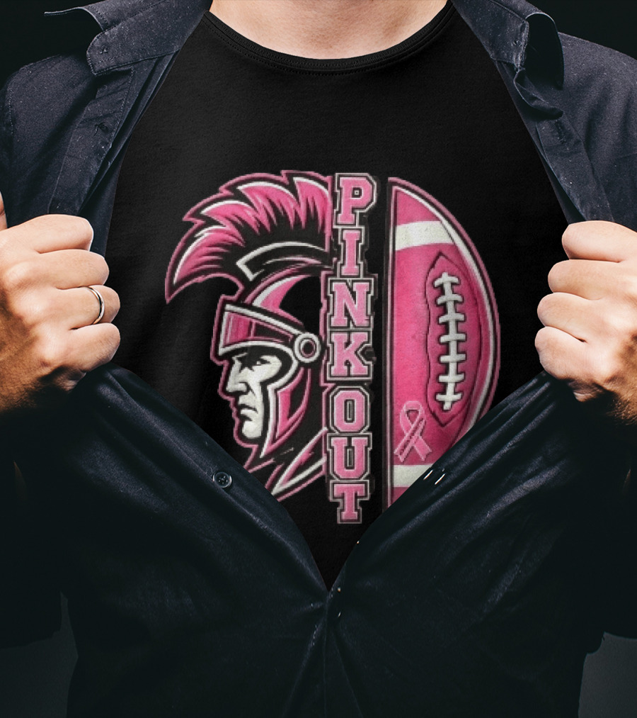 Maroa Forsyth Trojans Pink Out Football Helmet Breast Cancer Awareness Ribbon T-Shirt