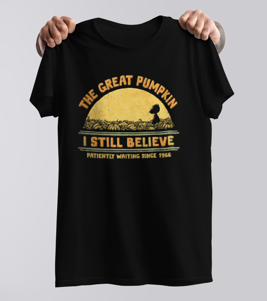 The Great Pumpkin I Still Believe Patiently Waiting Since 1966 Yellow Moon Snoopy Silhouette Distressed T-Shirt