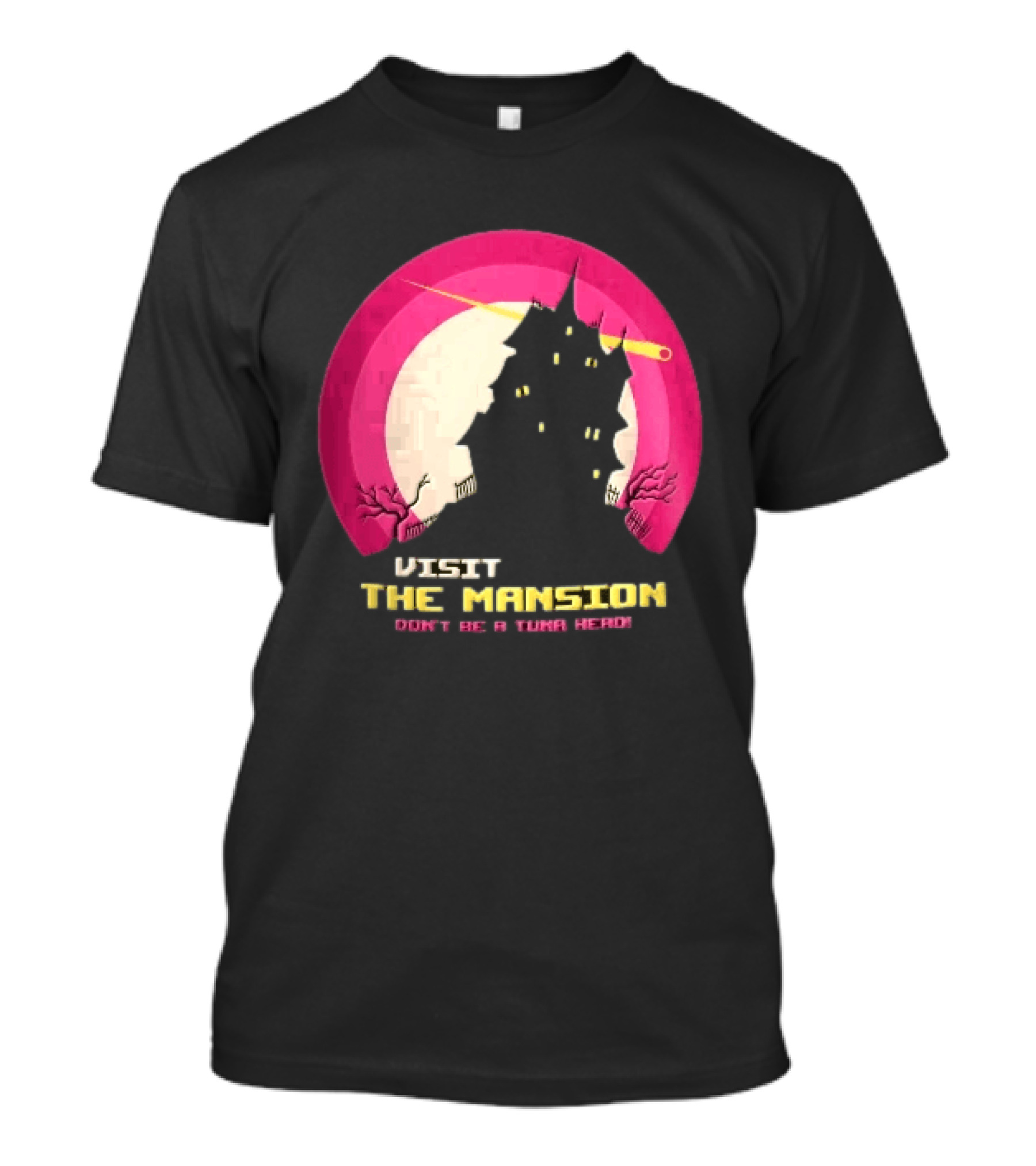 Visit The Mansion Don't Be A Tuna Head Pixel Spooky House Moon Skeleton Trees Yellow Meteor T-Shirt