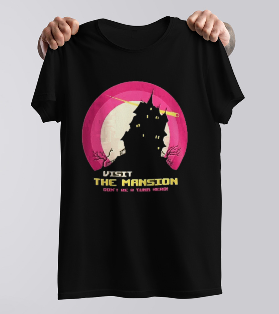 Visit The Mansion Don't Be A Tuna Head Pixel Spooky House Moon Skeleton Trees Yellow Meteor T-Shirt