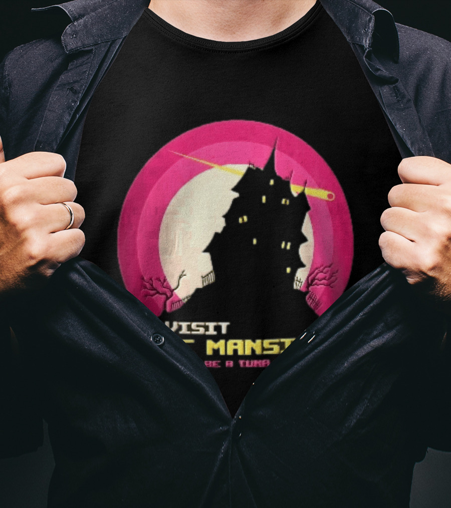 Visit The Mansion Don't Be A Tuna Head Pixel Spooky House Moon Skeleton Trees Yellow Meteor T-Shirt