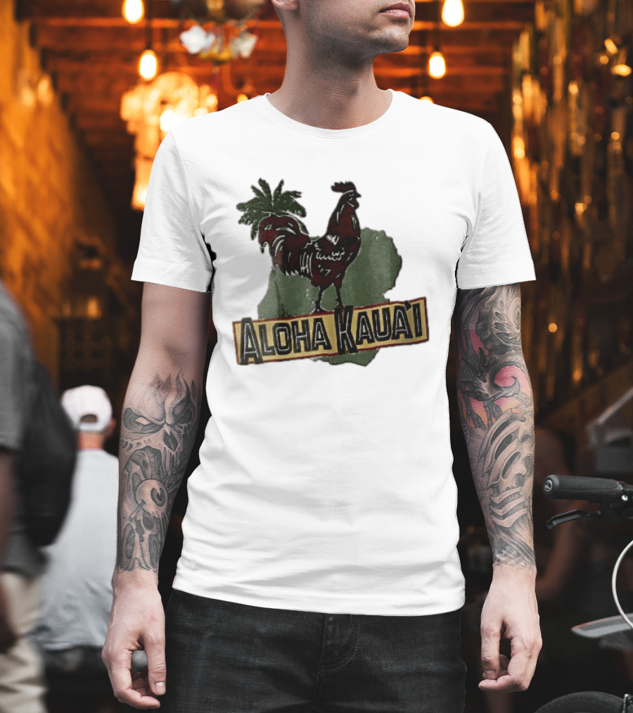 Aloha Kauai Red Rooster Palm Tree Island Map T-Shirt