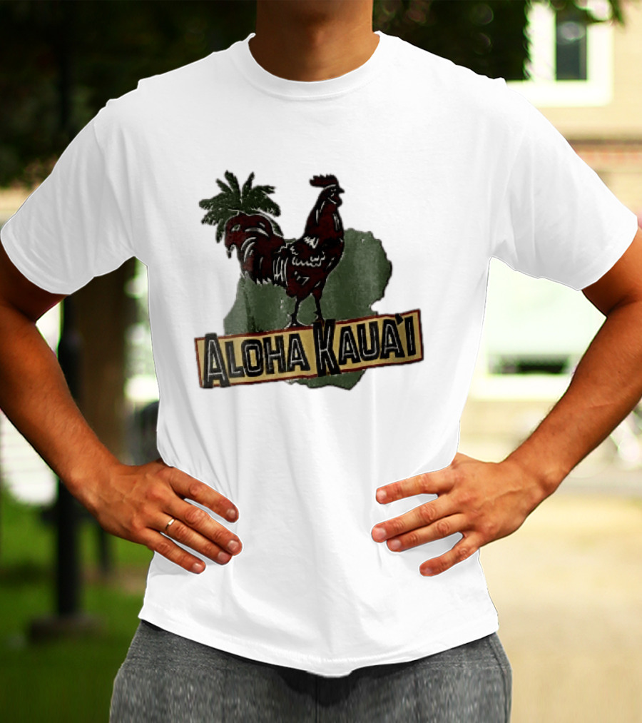 Aloha Kauai Red Rooster Palm Tree Island Map T-Shirt