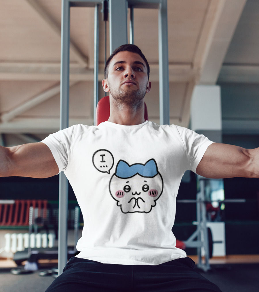 Shy White Cat With Blue Ears Blushing Expression Speech Bubble Text I T-Shirt