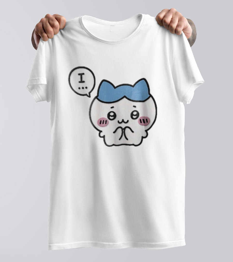Shy White Cat With Blue Ears Blushing Expression Speech Bubble Text I T-Shirt